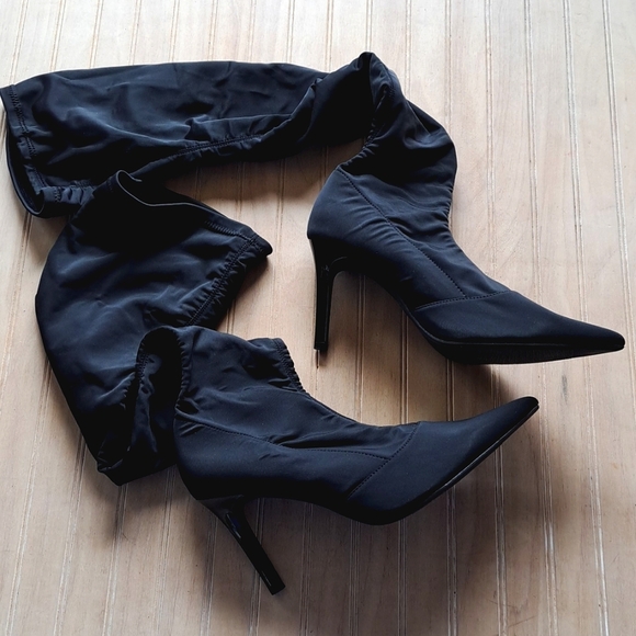 A New Day Black Sleek Over The Knee Pointy-Toe Stiletto Heel Sock Boots - Picture 1 of 10